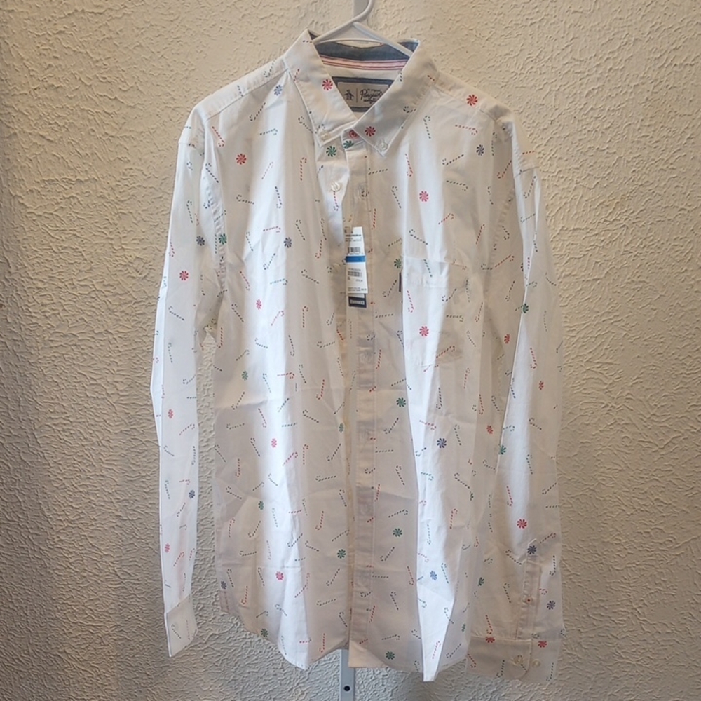 Original Penguin White Shirt with Candycanes And Peppermints Pattern, NWT SizeXL